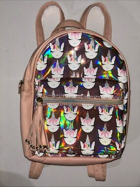 OMG Accessories Vintage Y2K Holographic Unicorn Mini Backpack in Blush Pink
